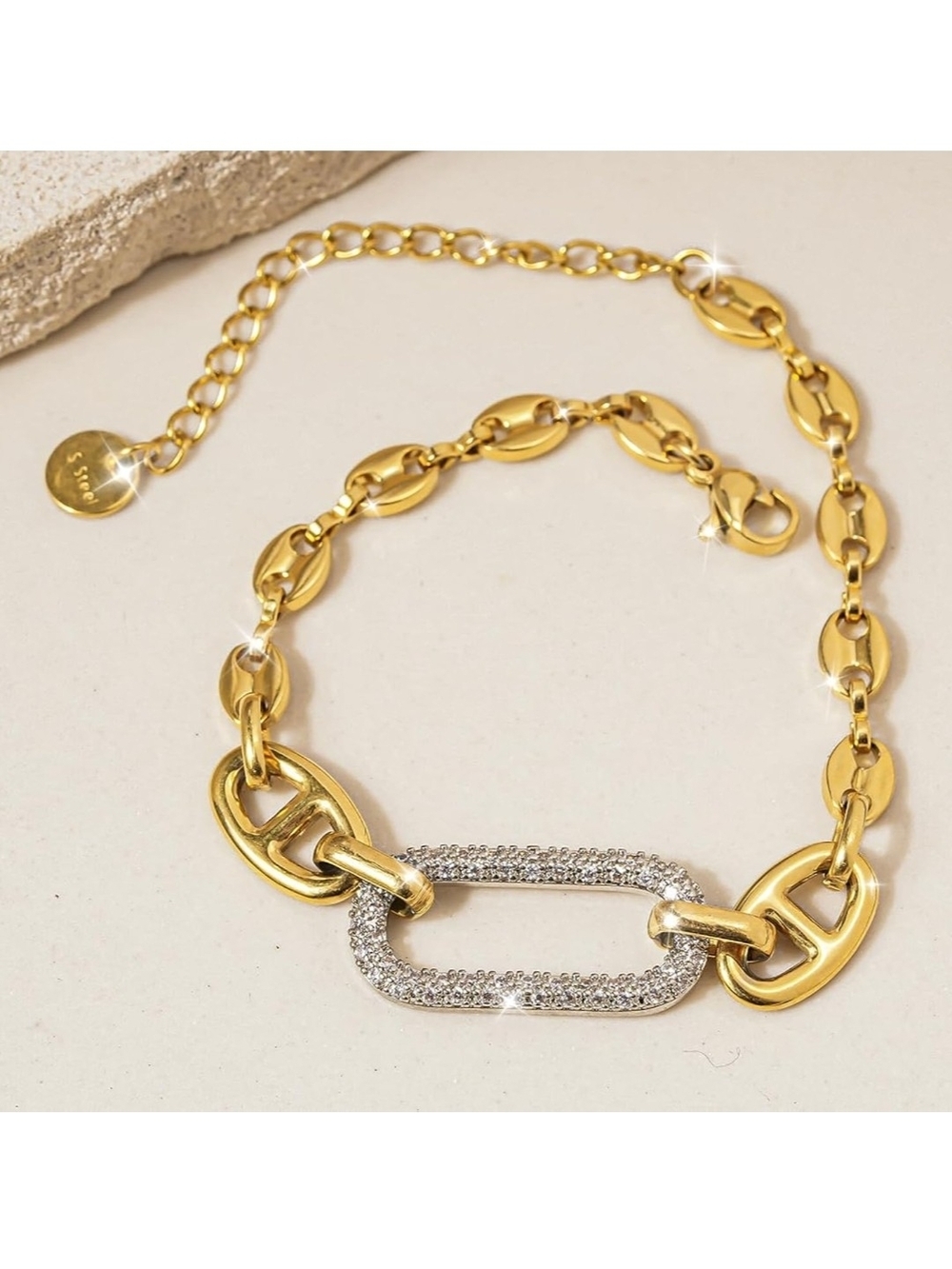 Gold and Silver Pavé Link Bracelet - Women Jewelry - Picture 2 of 7